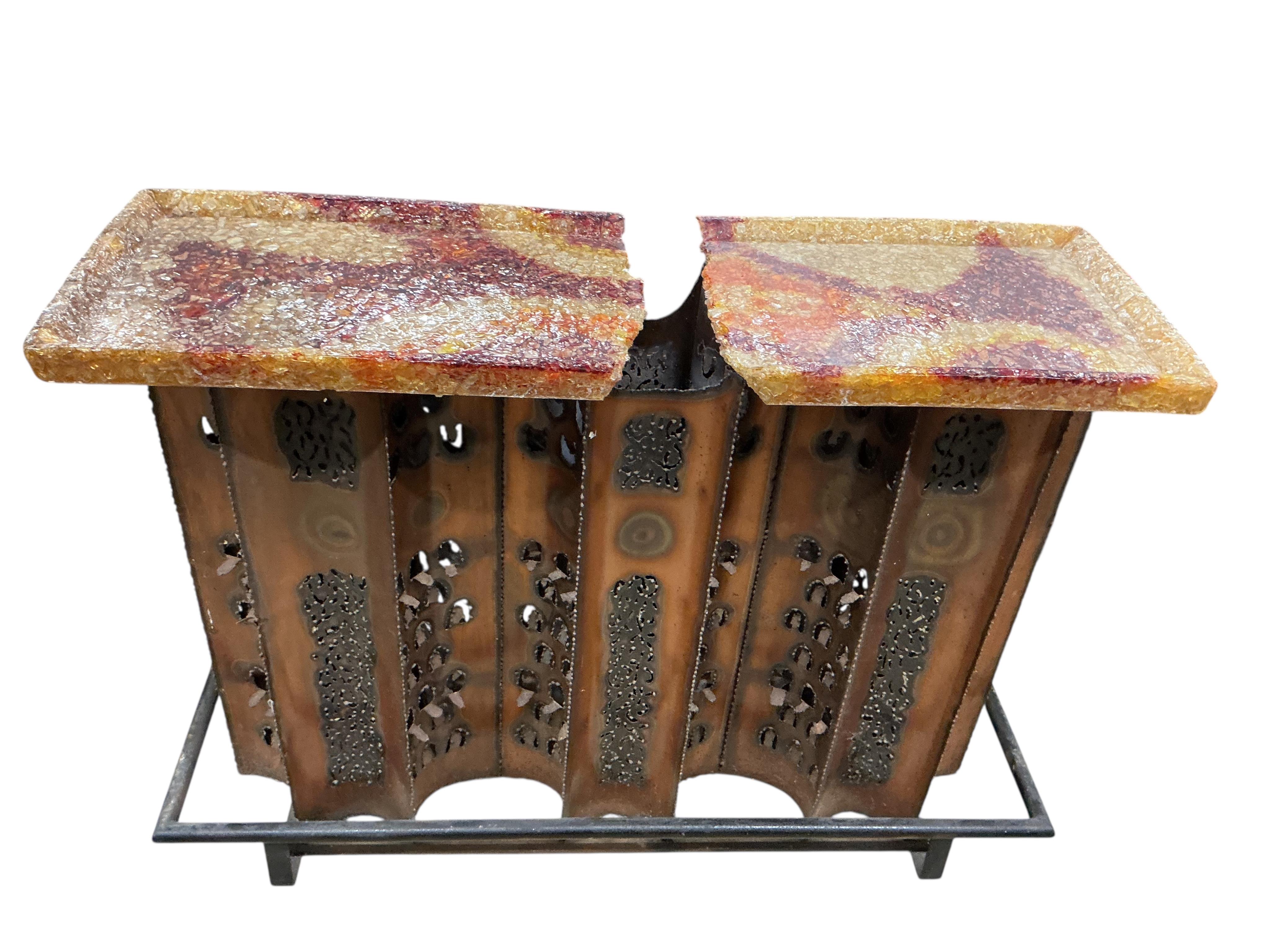 A Contemporary metal and bonded glass illuminating bar with under shelves, width 138cm, depth 45cm, height 108cm